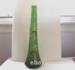 BOHEMIAN Green Hand Blown Enamel Flowers Cylindrical Vase ca. 1880-1900 Moser