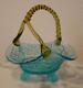 Basket Blue Victorian Art Glass Unusual Shape Applied Amber Handle