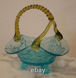 Basket Blue Victorian Art Glass Unusual Shape Applied Amber Handle