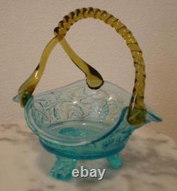 Basket Blue Victorian Art Glass Unusual Shape Applied Amber Handle