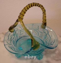 Basket Blue Victorian Art Glass Unusual Shape Applied Amber Handle