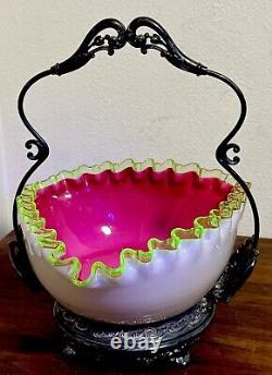 Beautiful Antique Victorian Vaseline Crested WithPink Overlay Bride's Basket Glows