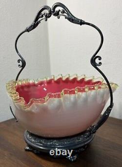 Beautiful Antique Victorian Vaseline Crested WithPink Overlay Bride's Basket Glows