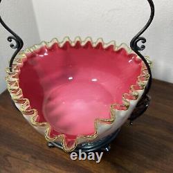 Beautiful Antique Victorian Vaseline Crested WithPink Overlay Bride's Basket Glows