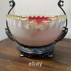 Beautiful Antique Victorian Vaseline Crested WithPink Overlay Bride's Basket Glows