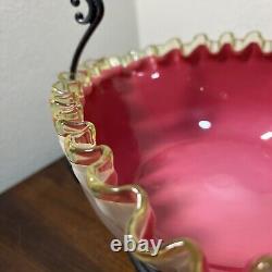 Beautiful Antique Victorian Vaseline Crested WithPink Overlay Bride's Basket Glows