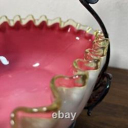 Beautiful Antique Victorian Vaseline Crested WithPink Overlay Bride's Basket Glows