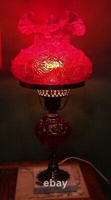 Beautiful Fenton Budoir Hurricane Lamp Ruby Red Raised Poppy Shade Marble Base