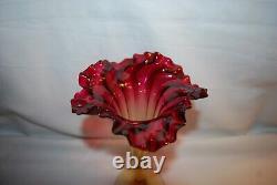 Beautiful Mt Washington New England Fuchsia Amberina Rib Optic Lily Vase 1880s