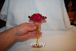 Beautiful Mt Washington New England Fuchsia Amberina Rib Optic Lily Vase 1880s