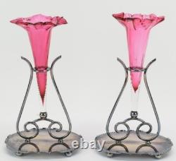 Beautiful Pair Of Antique Victorian Silver Plate Cranberry Art Glass Epergne 8.5 Beautiful Pair Of Antique Victorian Silver Plate Cranberry Art Glass Epergne 8.5