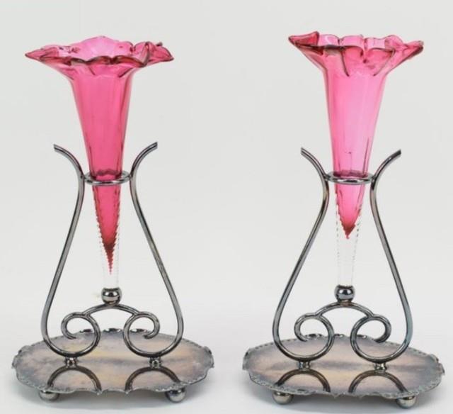 Beautiful Pair Of Antique Victorian Silver Plate Cranberry Art Glass Epergne 8.5
