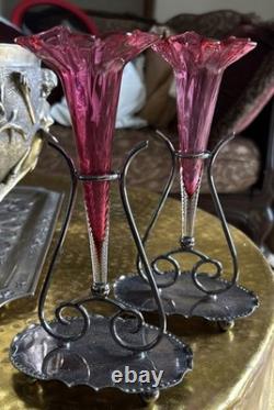 Beautiful Pair Of Antique Victorian Silver Plate Cranberry Art Glass Epergne 8.5 Beautiful Pair Of Antique Victorian Silver Plate Cranberry Art Glass Epergne 8.5