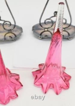 Beautiful Pair Of Antique Victorian Silver Plate Cranberry Art Glass Epergne 8.5 Beautiful Pair Of Antique Victorian Silver Plate Cranberry Art Glass Epergne 8.5