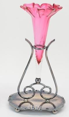 Beautiful Pair Of Antique Victorian Silver Plate Cranberry Art Glass Epergne 8.5 Beautiful Pair Of Antique Victorian Silver Plate Cranberry Art Glass Epergne 8.5