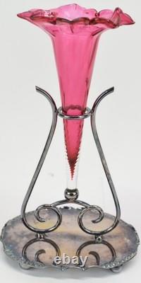 Beautiful Pair Of Antique Victorian Silver Plate Cranberry Art Glass Epergne 8.5 Beautiful Pair Of Antique Victorian Silver Plate Cranberry Art Glass Epergne 8.5