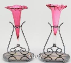 Beautiful Pair Of Antique Victorian Silver Plate Cranberry Art Glass Epergne 8.5 Beautiful Pair Of Antique Victorian Silver Plate Cranberry Art Glass Epergne 8.5