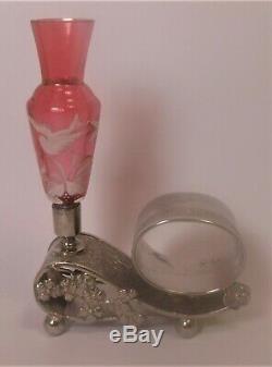 Beautiful Rogers & Bro. Silver Plate Napkin Ring W Cranberry Glass Enamel Vase