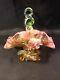 Beautiful Victorian Art Glass Handeled Bowl With Applied Vaseline Glass Flowers