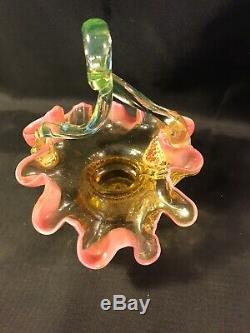 Beautiful Victorian Art Glass Handeled Bowl With Applied Vaseline Glass Flowers