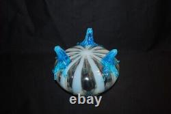 Beautiful Victorian Blue Opalescent Wide Stripe Footed Art Glass Rose Bowl 1880s