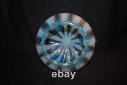 Beautiful Victorian Blue Opalescent Wide Stripe Footed Art Glass Rose Bowl 1880s