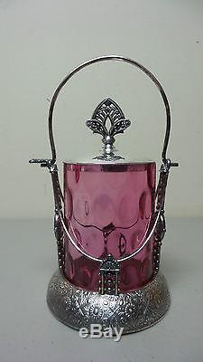 Beautiful Victorian Cranberry Glass Pickle Castor, Hartford Silver Plate Stand