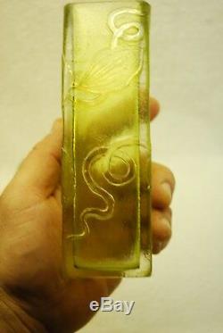 Beautiful Victorian French Cameo Lime Green To Clear Square Flower Vase C1910