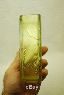 Beautiful Victorian French Cameo Lime Green To Clear Square Flower Vase C1910