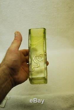 Beautiful Victorian French Cameo Lime Green To Clear Square Flower Vase C1910