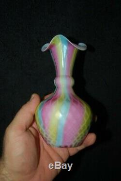 Beautiful Victorian Rainbow Satin Diamond Quilted Mother Of Pearl Vase 1880s