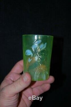 Beautiful Victorian Vaseline Opalescent Art Nouveau Daffodil Iris Tumbler 1890's