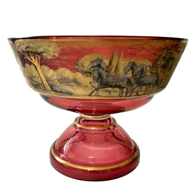 Beidermeier Cranberry Glass Gold Gilt Bowl Large Antique Victorian Pedestal