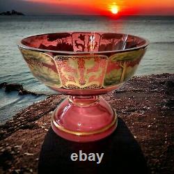 Beidermeier Cranberry Glass Gold Gilt Bowl LARGE Antique Victorian Pedestal Beidermeier Cranberry Glass Gold Gilt Bowl LARGE Antique Victorian Pedestal