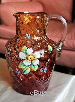 Big Antique Floral Enameled Amberina Glass Pitcher (New England Glass Co.) c1880