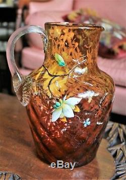 Big Antique Floral Enameled Amberina Glass Pitcher (New England Glass Co.) c1880