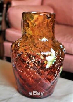 Big Antique Floral Enameled Amberina Glass Pitcher (New England Glass Co.) c1880