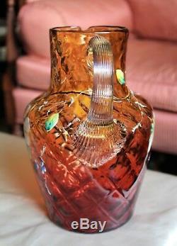 Big Antique Floral Enameled Amberina Glass Pitcher (New England Glass Co.) c1880