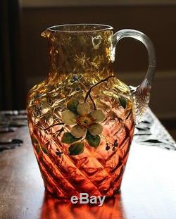 Big Antique Floral Enameled Amberina Glass Pitcher (New England Glass Co.) c1880