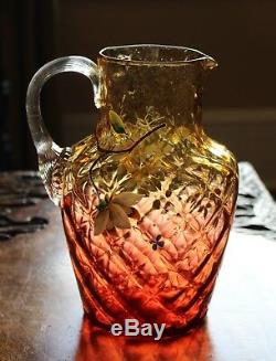 Big Antique Floral Enameled Amberina Glass Pitcher (New England Glass Co.) c1880