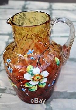 Big Antique Floral Enameled Amberina Glass Pitcher (New England Glass Co.) c1880