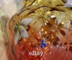 Big Antique Floral Enameled Amberina Glass Pitcher (New England Glass Co.) c1880