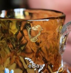 Big Antique Floral Enameled Amberina Glass Pitcher (New England Glass Co.) c1880