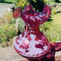 Bill Fenton Cranberry Art Glass Vase Mary Gregory Lady With Cat Numbered 95th An