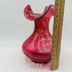 Bill Fenton Cranberry Art Glass Vase Mary Gregory Lady With Cat Numbered 95th An