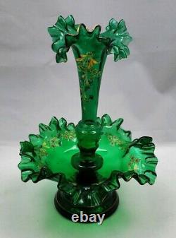 Blown Glass Epergne Victorian Green Single Horn with Hand Painted Flowers