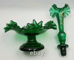 Blown Glass Epergne Victorian Green Single Horn with Hand Painted Flowers