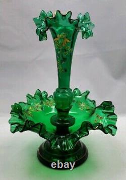 Blown Glass Epergne Victorian Green Single Horn with Hand Painted Flowers