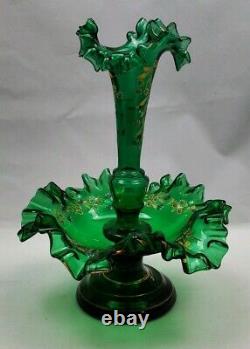 Blown Glass Epergne Victorian Green Single Horn with Hand Painted Flowers