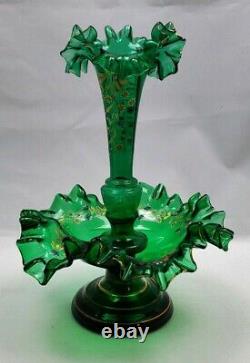 Blown Glass Epergne Victorian Green Single Horn with Hand Painted Flowers